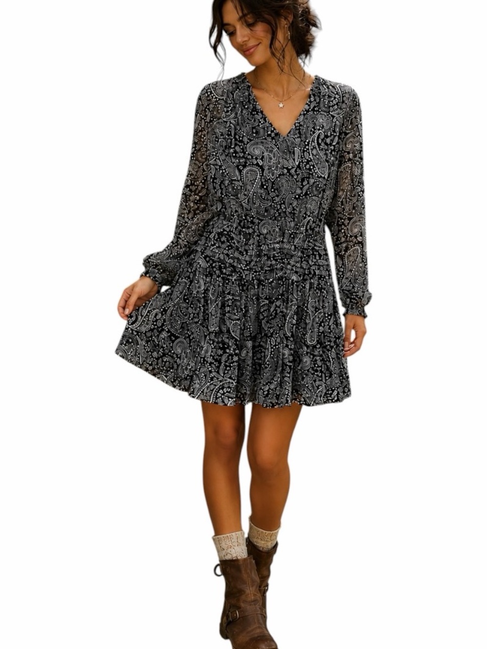 Reserved Medium Black & White Fit & Flare Paisley Print Dress